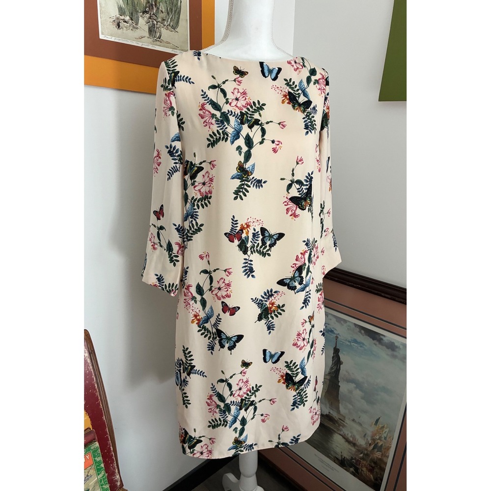 H&M Shift Dress Women Size 8 Cream Excellent Butterfly Floral Print 3/4 Sleeve